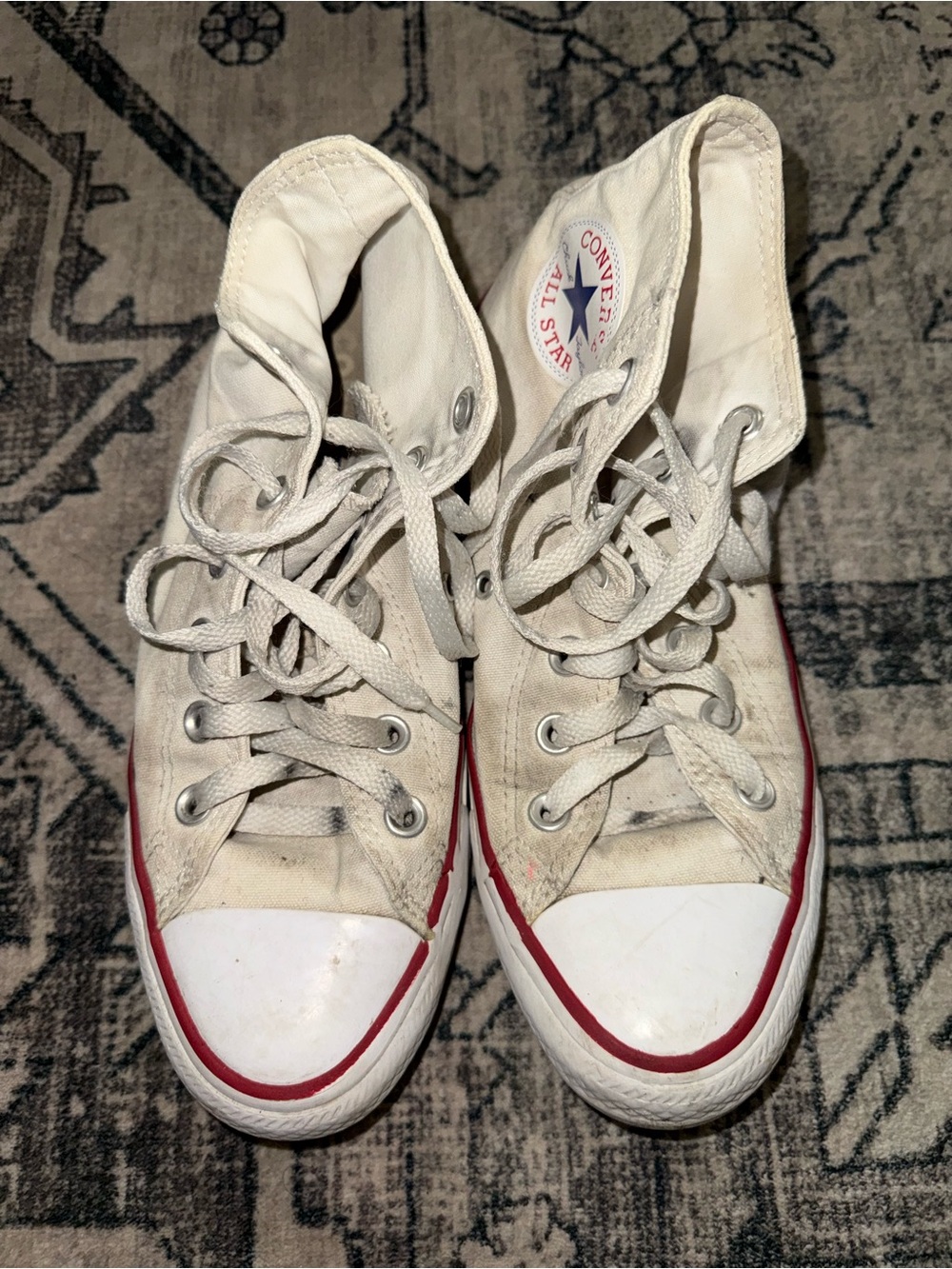 Converse Cream Canvas High Top Sneakers with Red and Blue Trim